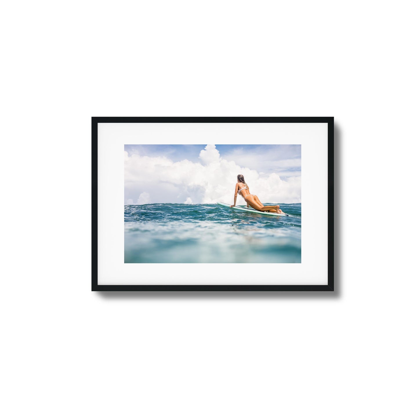 Woman Surfing on Blue Ocean Framed Art