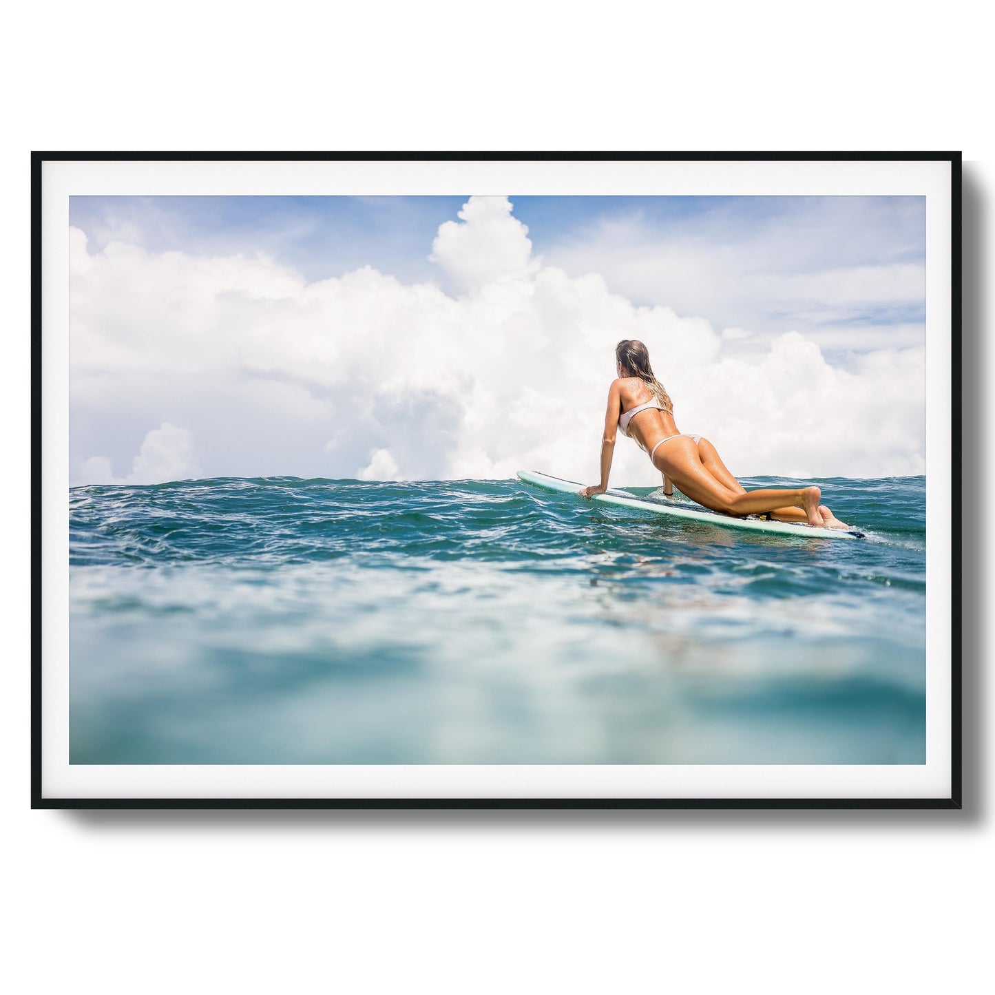 Woman Surfing on Blue Ocean Framed Art