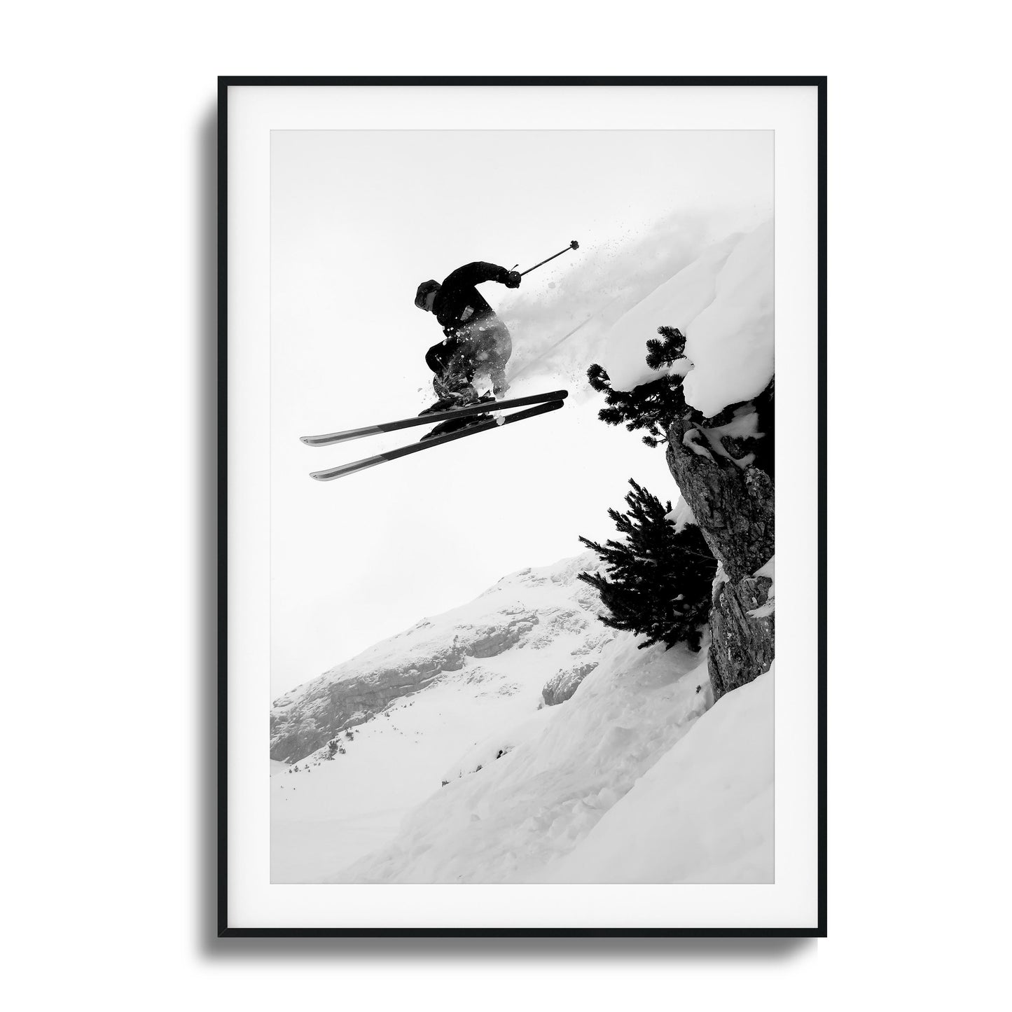 Skier mid-air jump on snowy mountain framed art