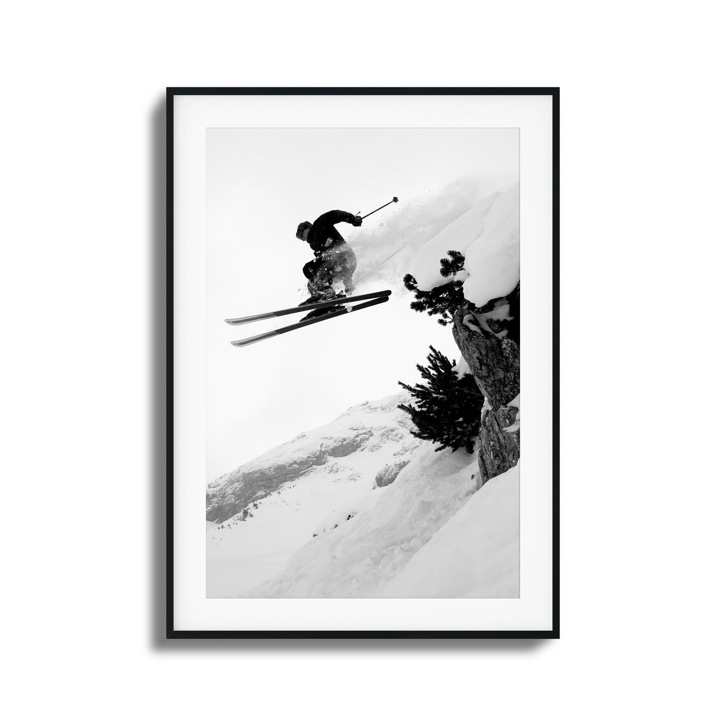 Skier mid-air jump on snowy mountain framed art