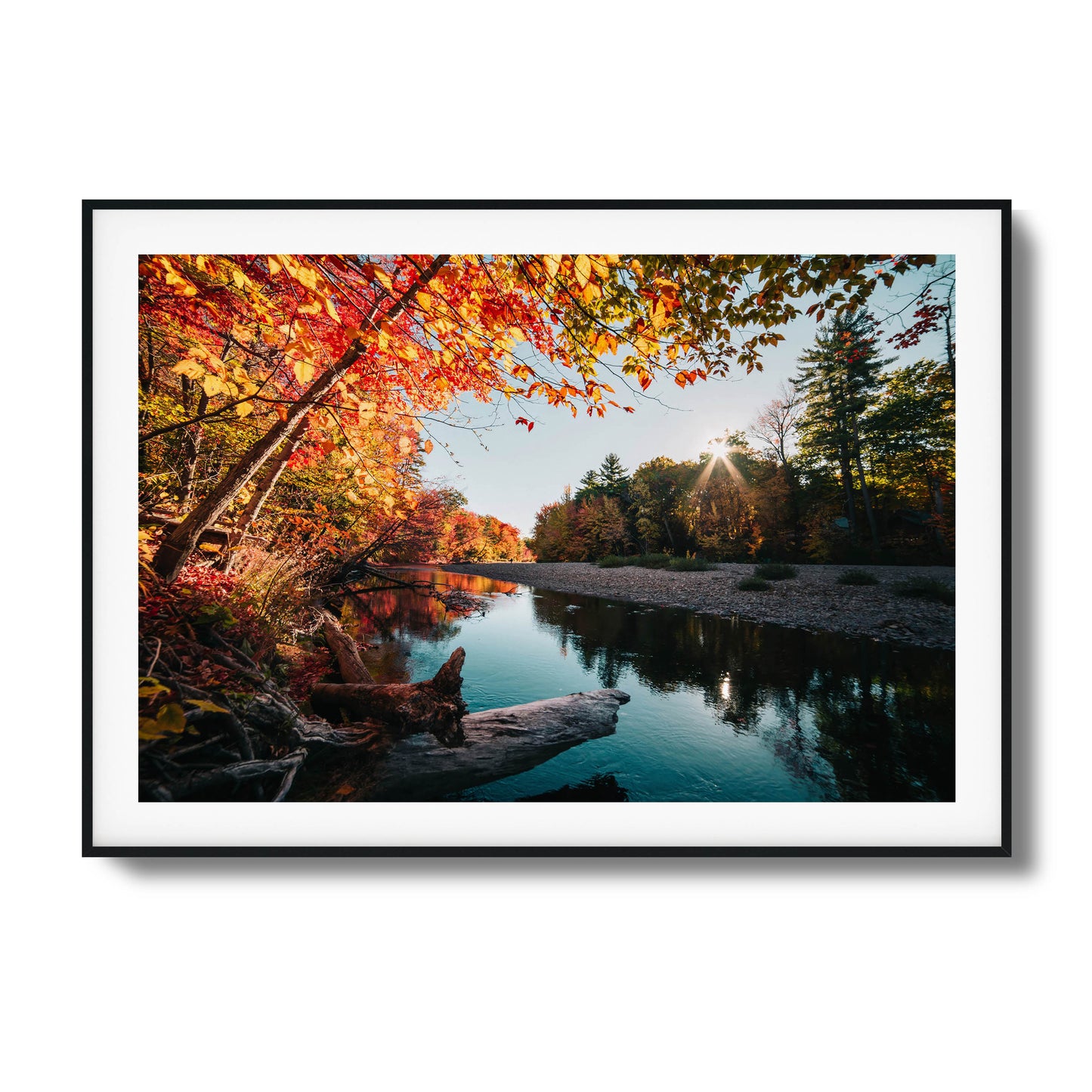 Autumn river with vibrant foliage and sunlight filtering through trees