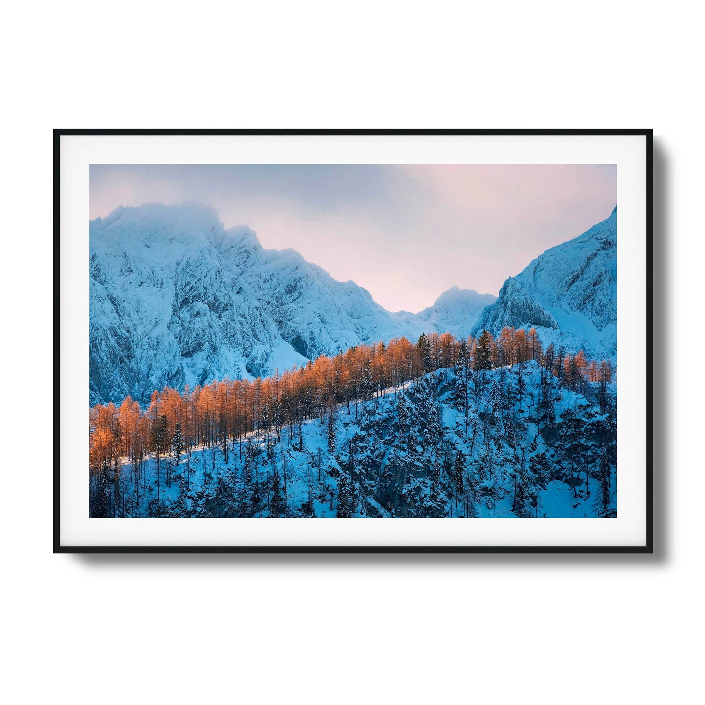 Snowy mountains with golden trees