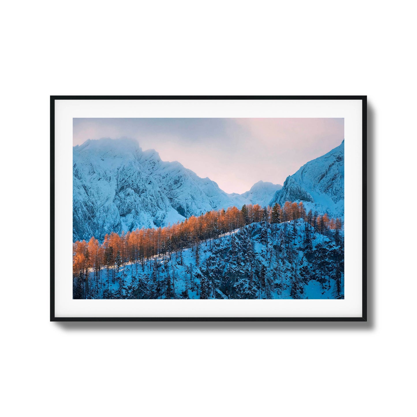 Snowy mountains with golden trees