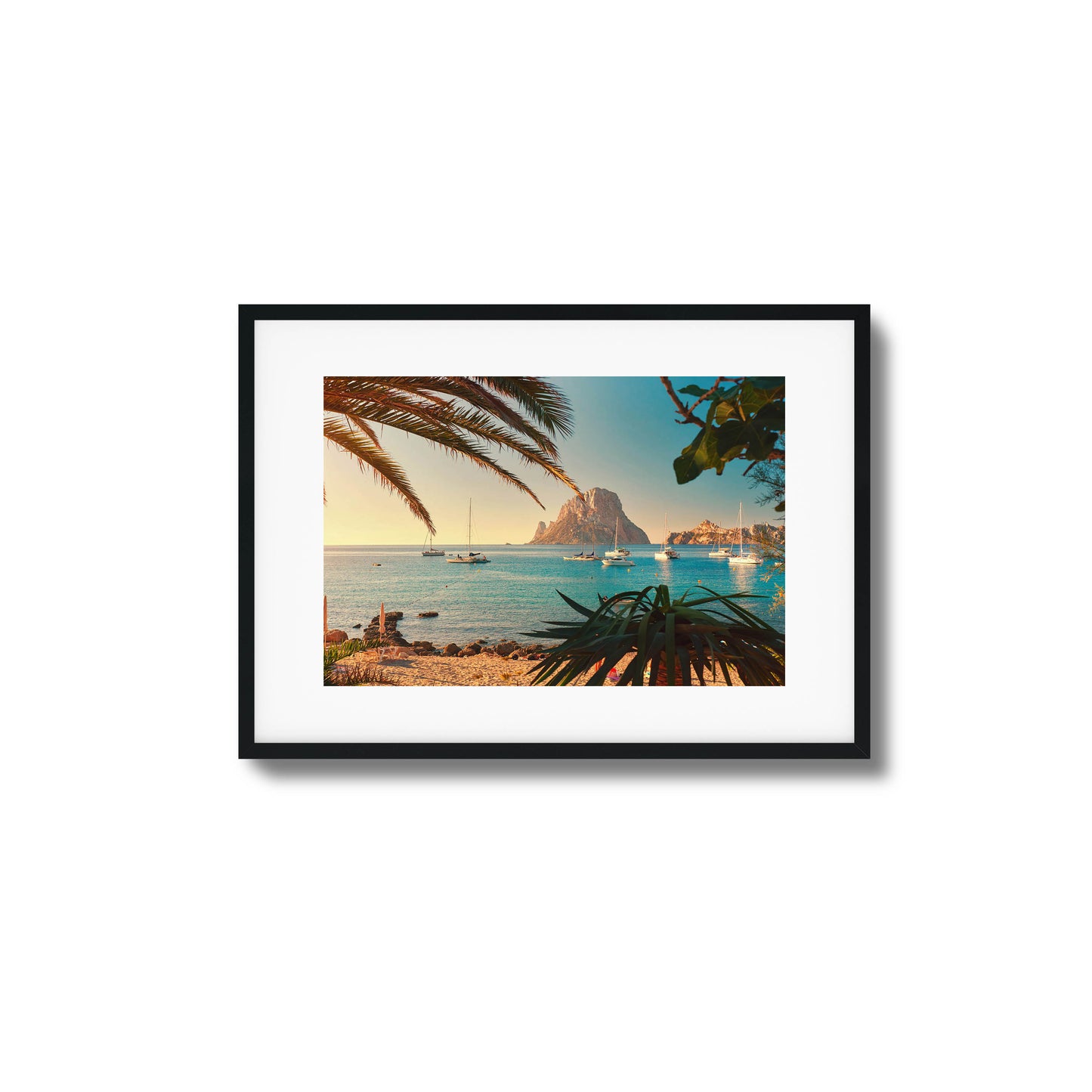 Serene coastal scene with sailboats and palm trees framed art