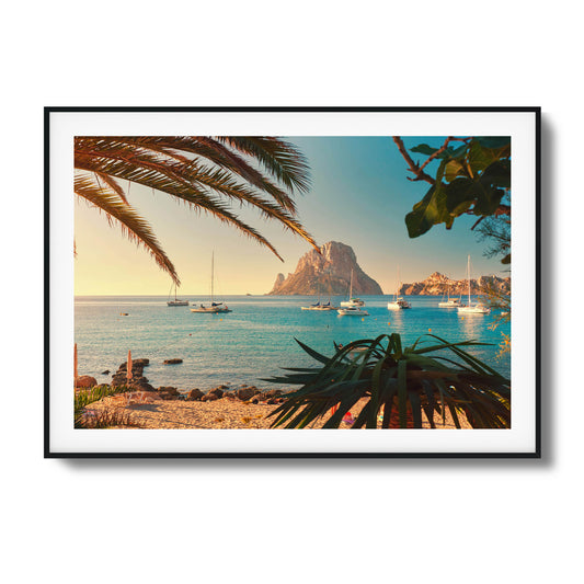 Serene coastal scene with sailboats and palm trees framed art