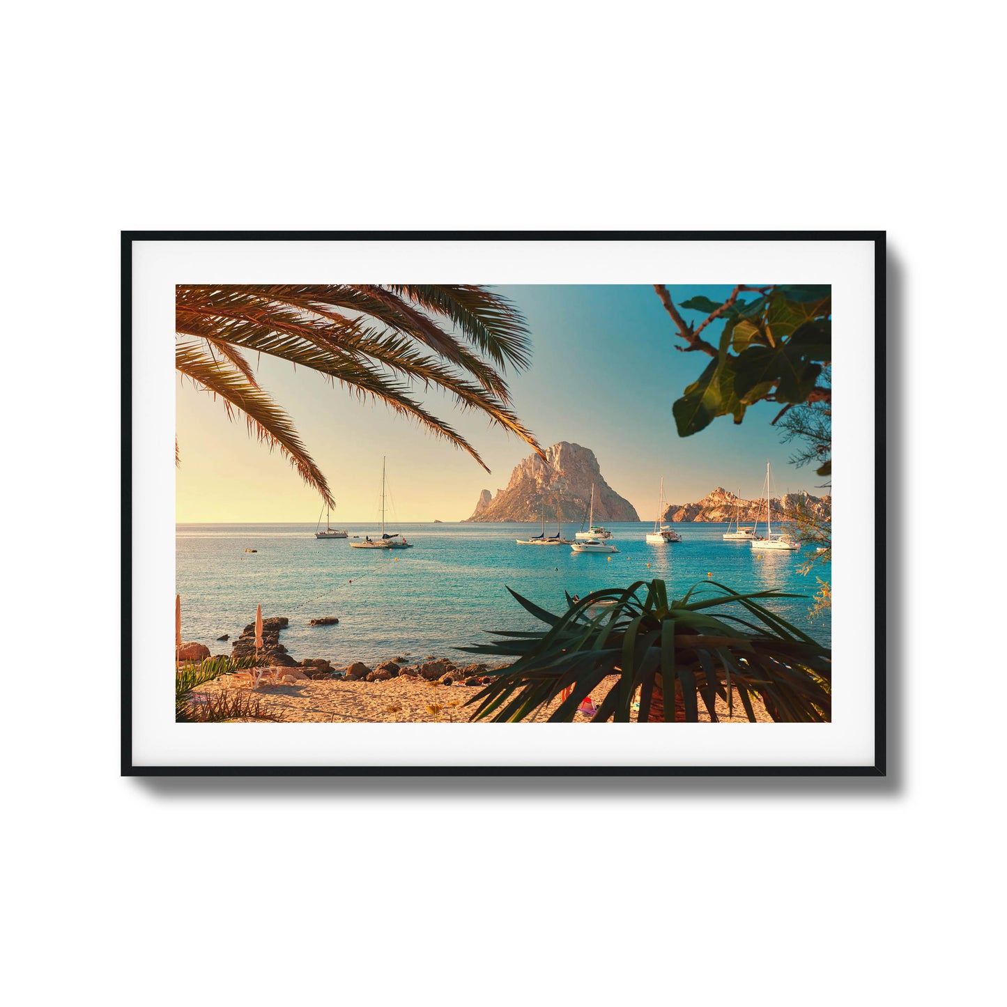 Serene coastal scene with sailboats and palm trees framed art