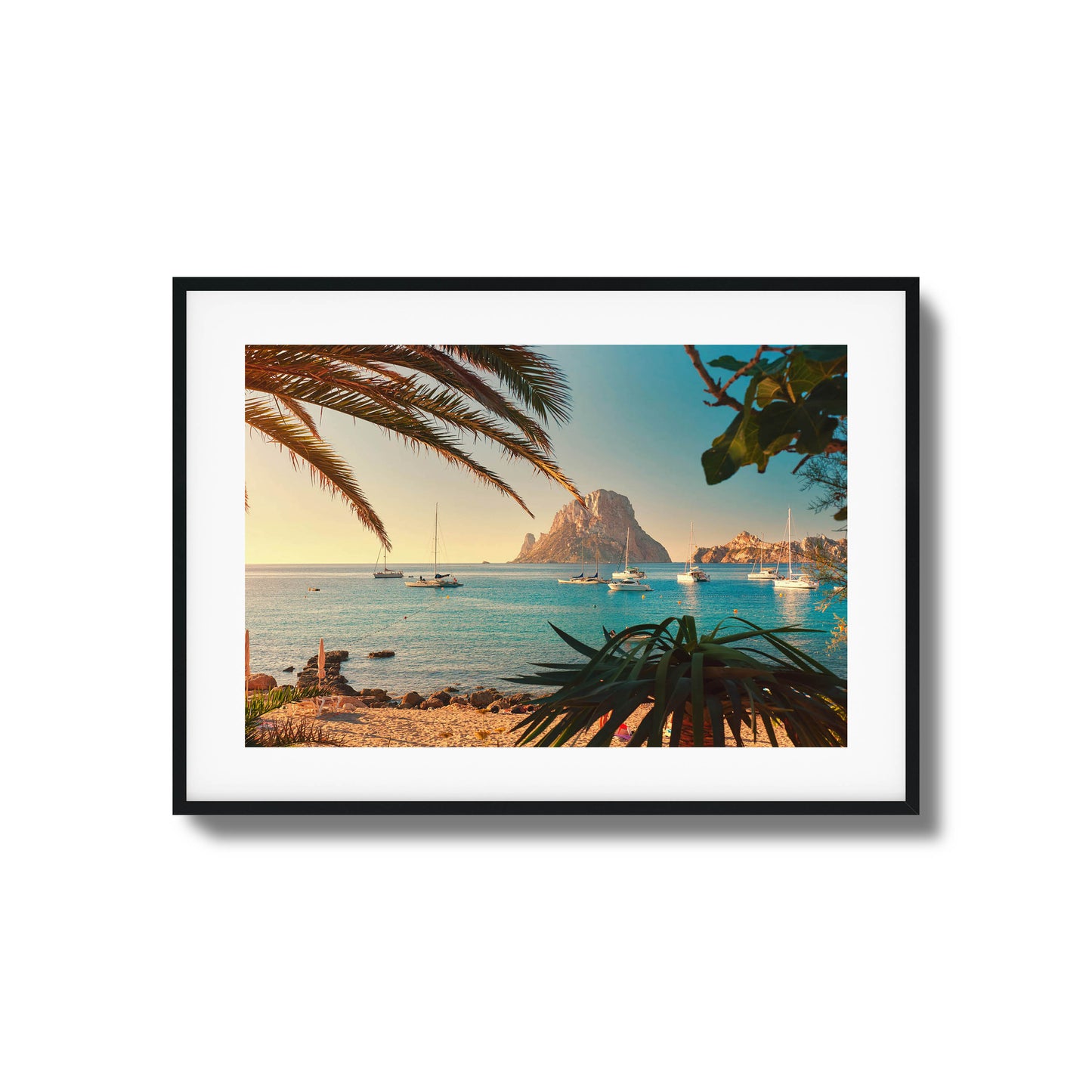 Serene coastal scene with sailboats and palm trees framed art