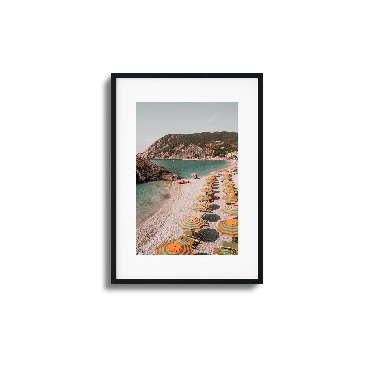 Vibrant Mediterranean beach with colorful umbrellas framed art