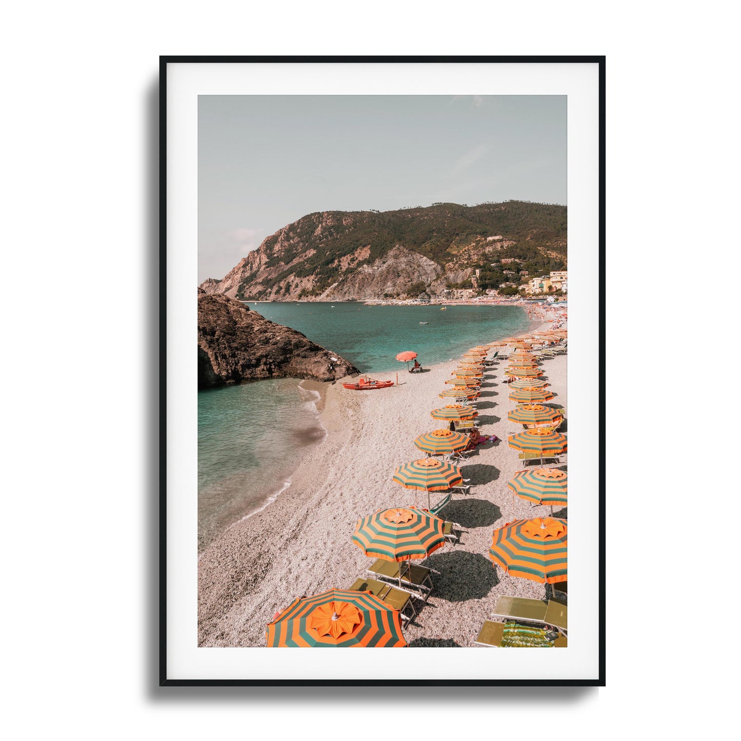 Vibrant Mediterranean beach with colorful umbrellas framed art