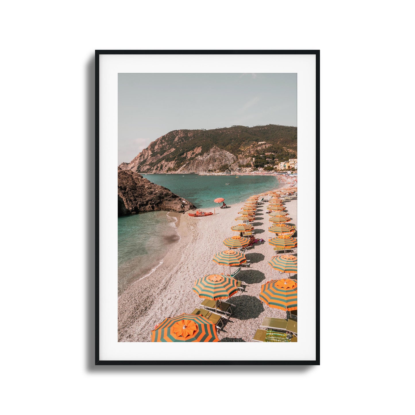 Vibrant Mediterranean beach with colorful umbrellas framed art