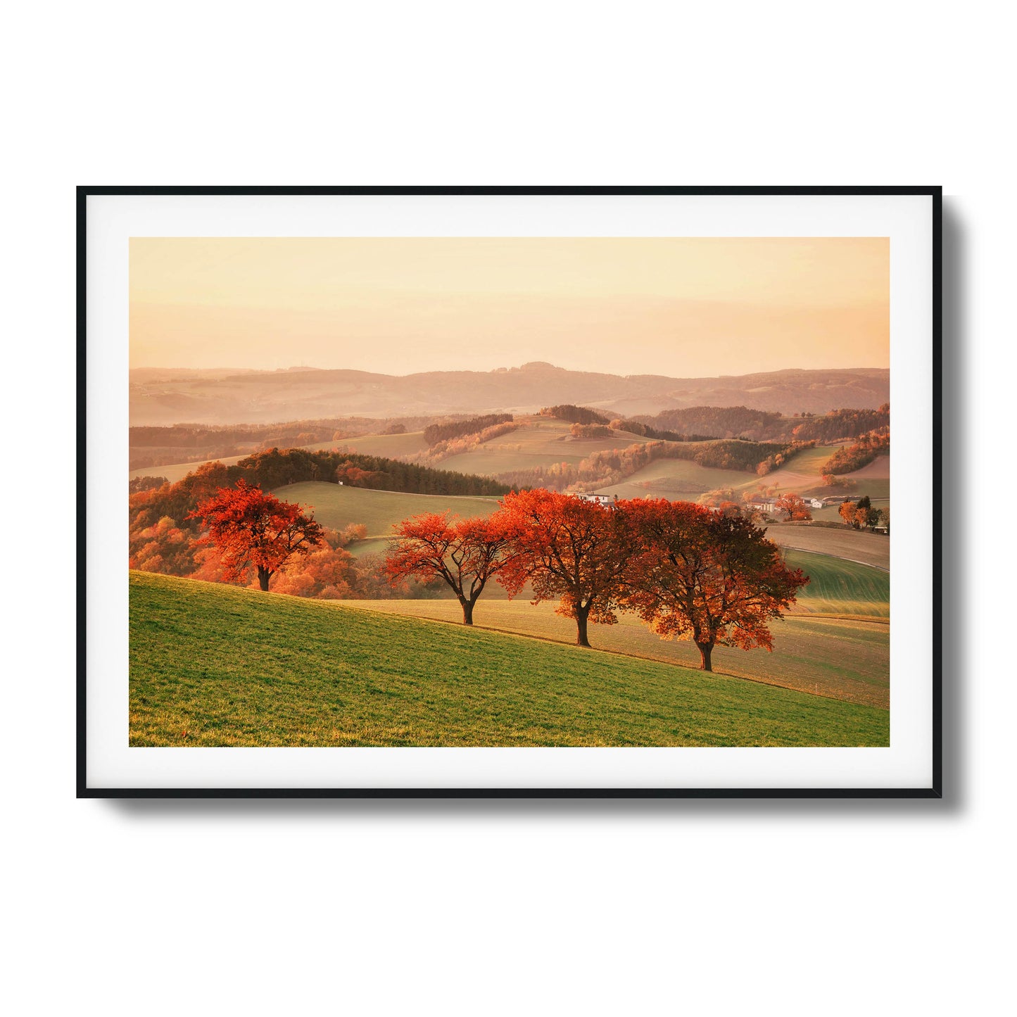 Vibrant red autumn trees dotting green hills under soft light, framed art for nature enthusiasts.