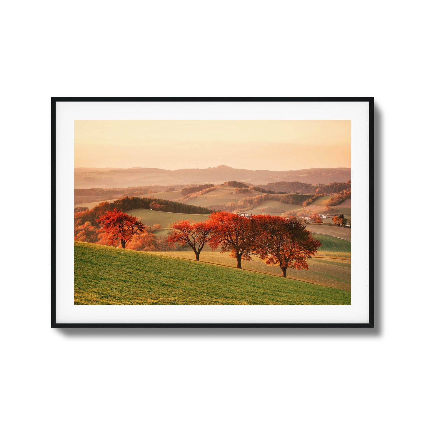 Vibrant red autumn trees dotting green hills under soft light, framed art for nature enthusiasts.