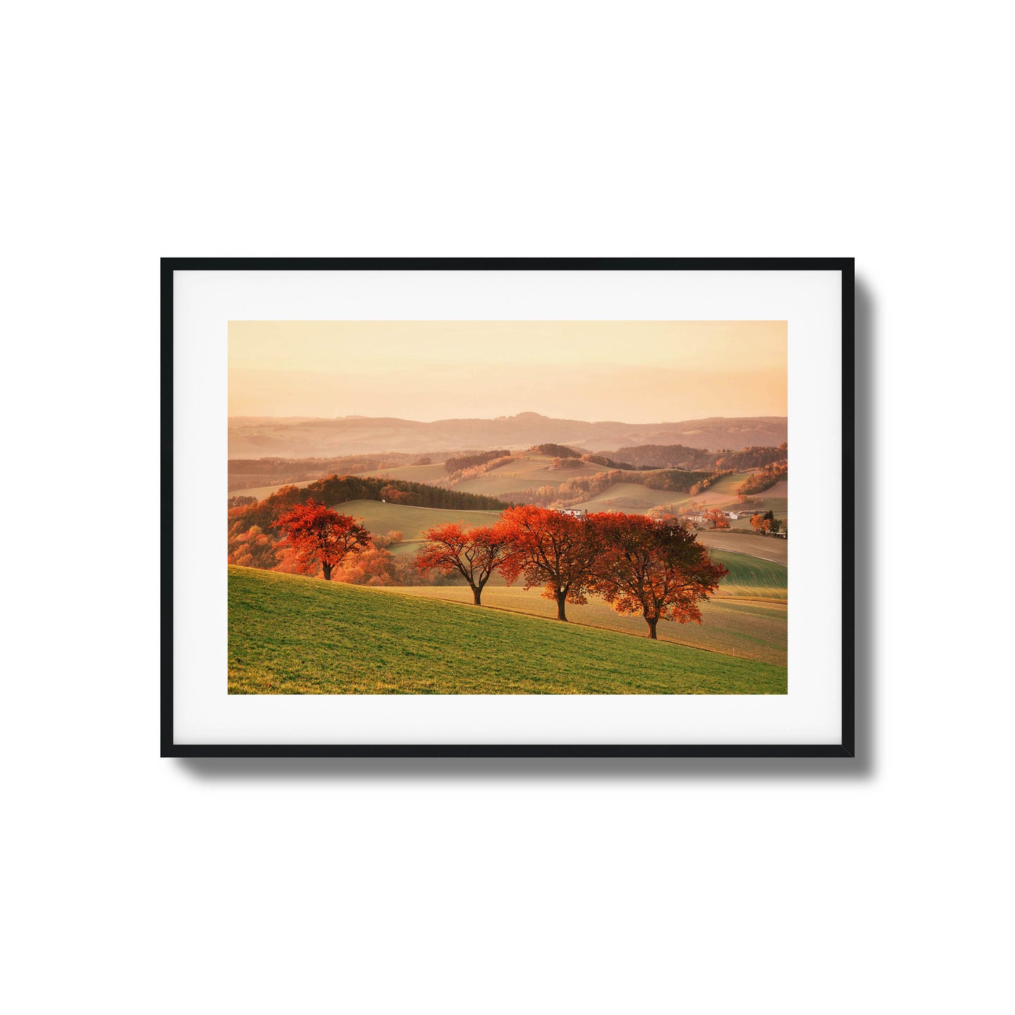 Vibrant red autumn trees dotting green hills under soft light, framed art for nature enthusiasts.