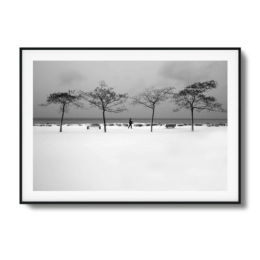 Snowy landscape with four trees and a person walking