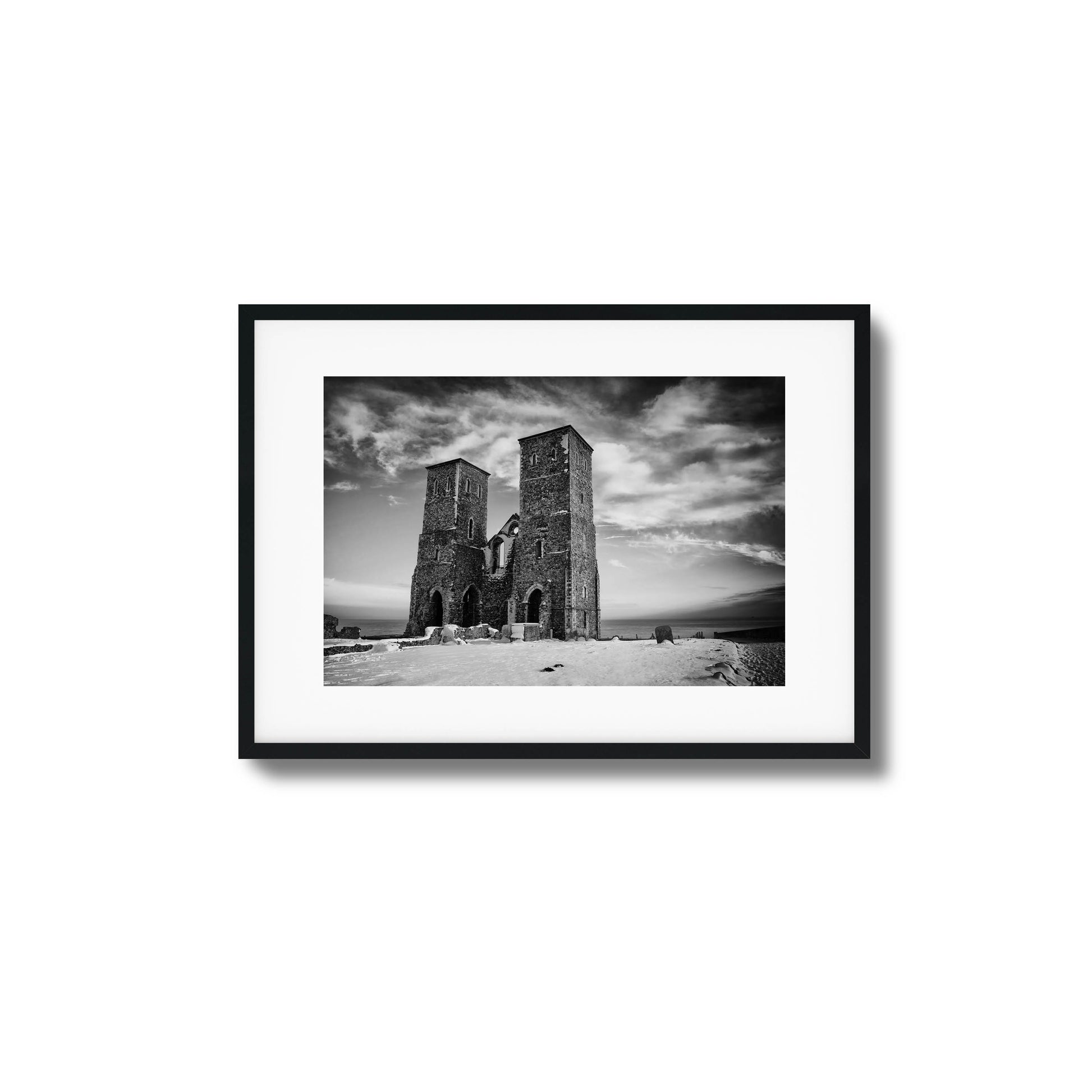 Black and white photo of historic twin towers, perfect as framed art for classic interiors.