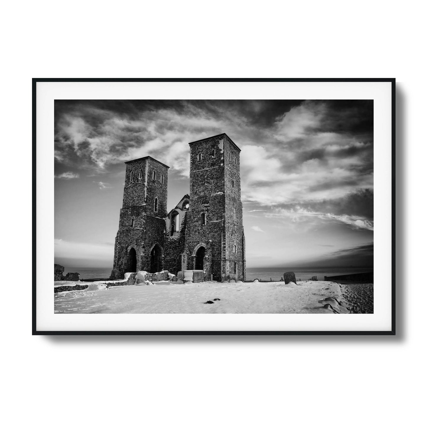 Black and white photo of historic twin towers, perfect as framed art for classic interiors.