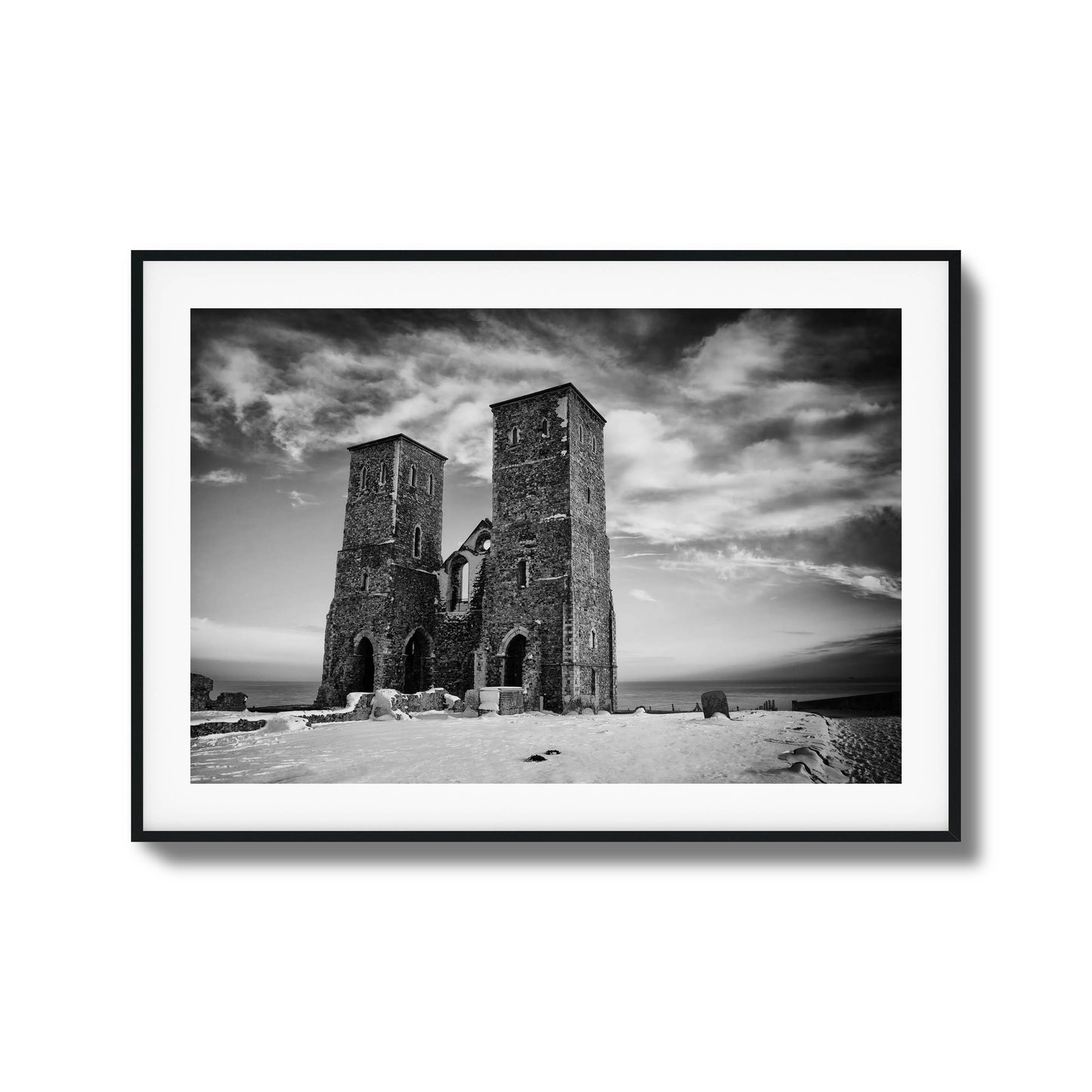 Black and white photo of historic twin towers, perfect as framed art for classic interiors.