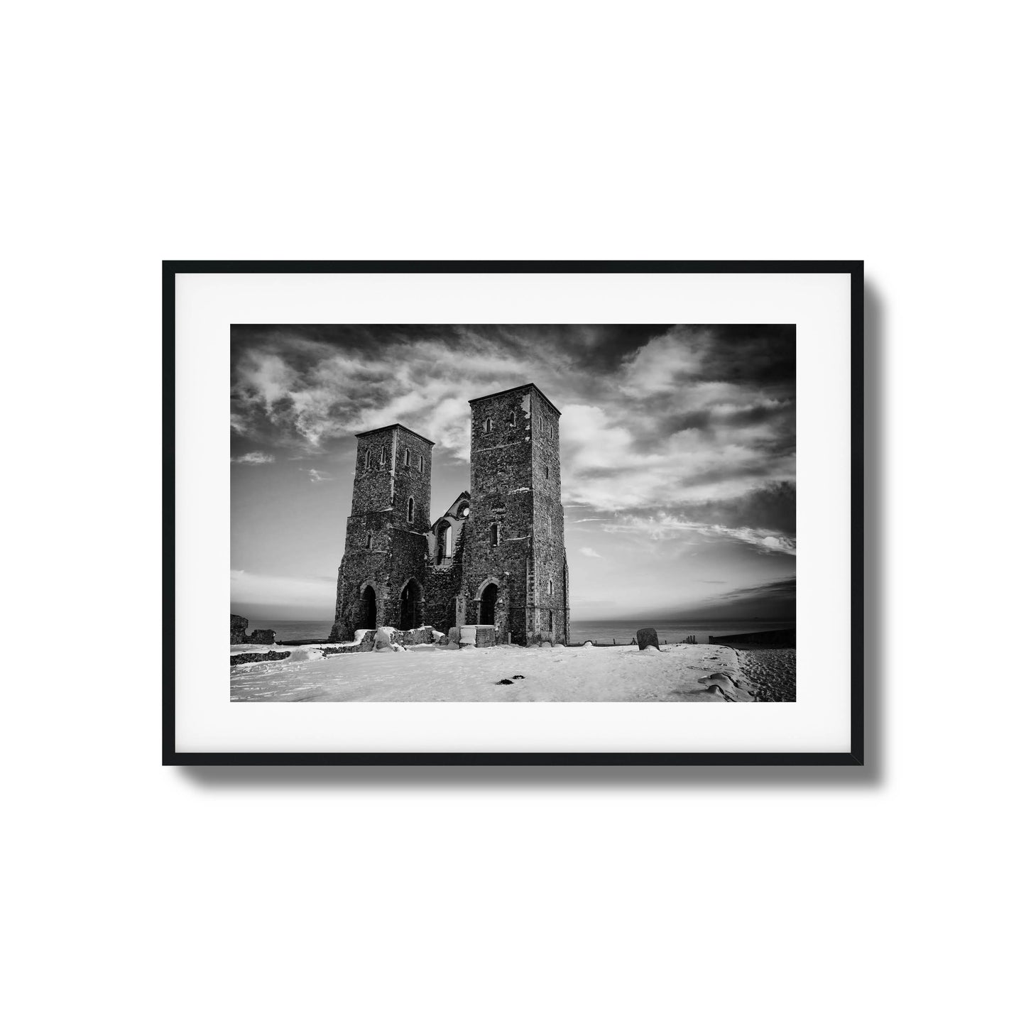 Black and white photo of historic twin towers, perfect as framed art for classic interiors.