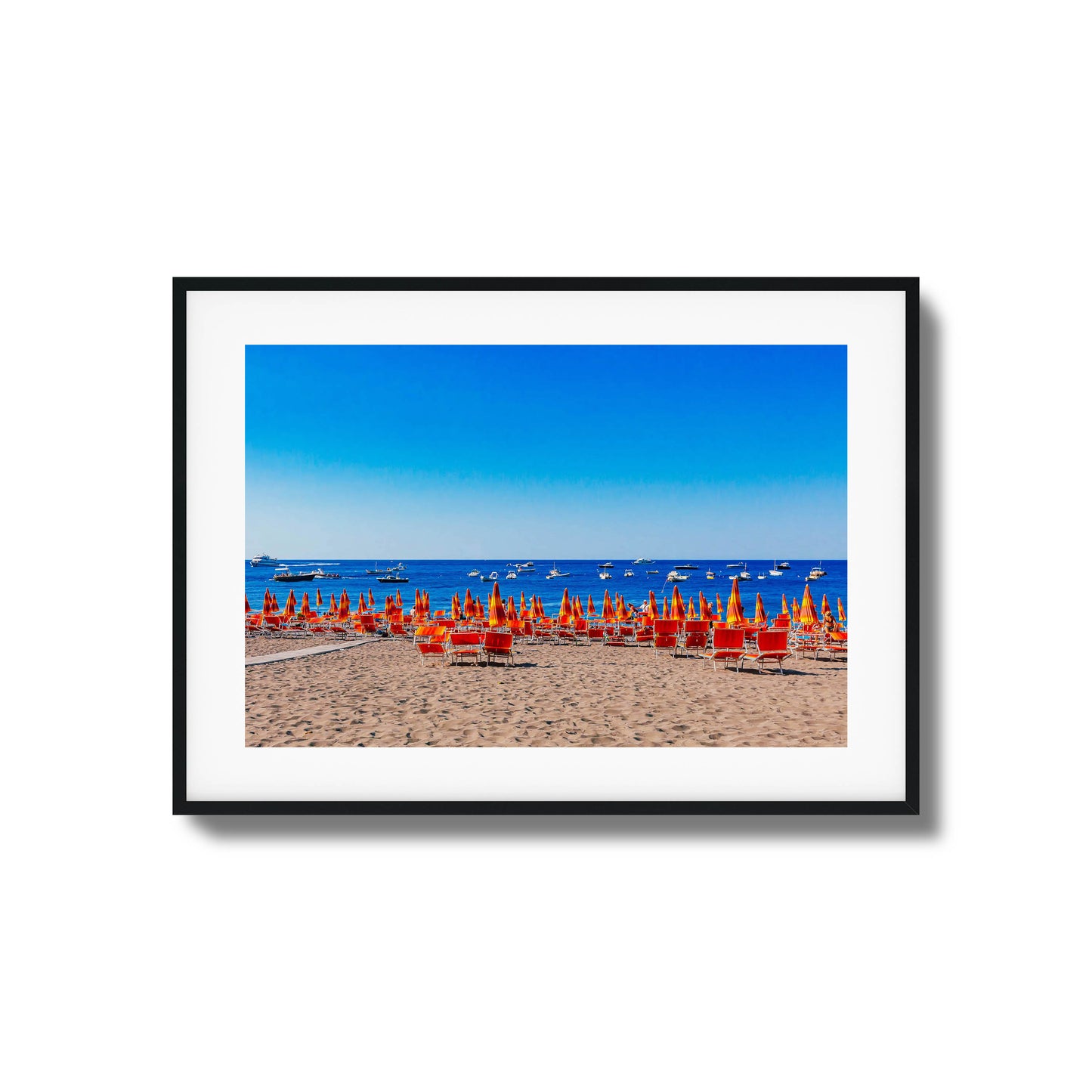 Colorful beach with orange umbrellas and blue ocean framed art