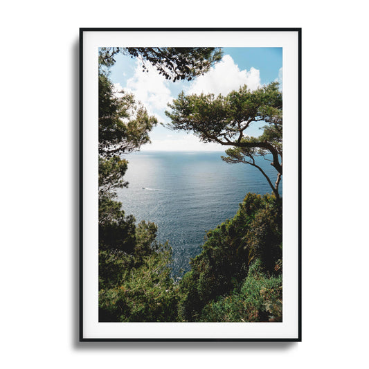 Ocean framed by lush greenery under a sunny sky, ideal for tranquil framed wall art.