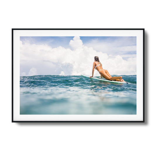 Woman Surfing on Blue Ocean Framed Art