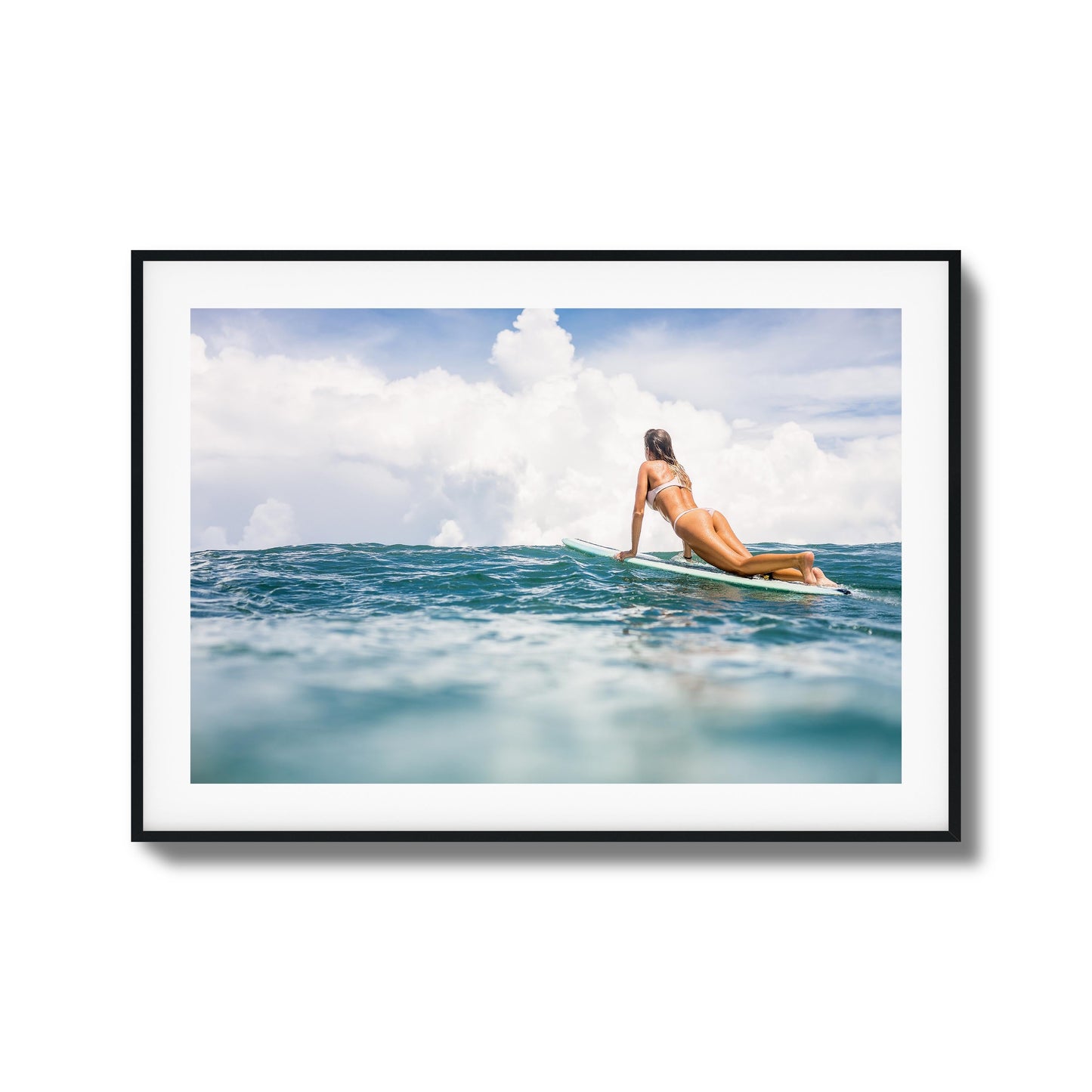 Woman Surfing on Blue Ocean Framed Art