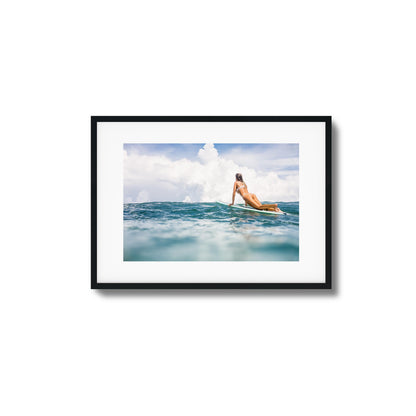 Woman Surfing on Blue Ocean Framed Art