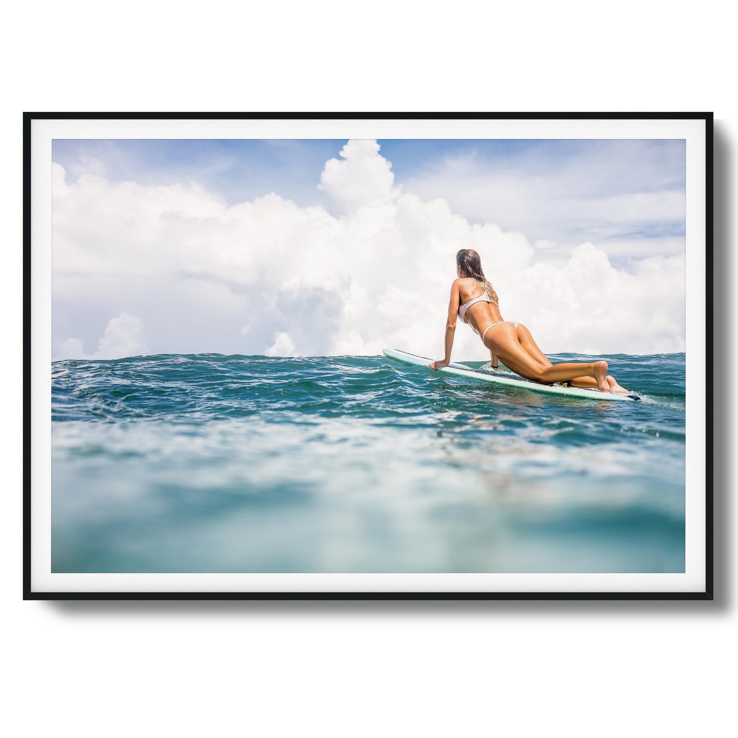 Woman Surfing on Blue Ocean Framed Art