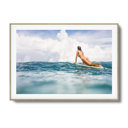Woman Surfing on Blue Ocean Framed Art