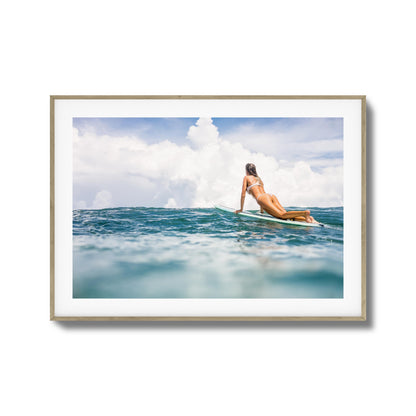 Woman Surfing on Blue Ocean Framed Art
