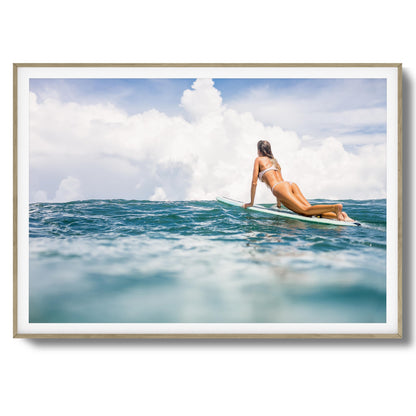 Woman Surfing on Blue Ocean Framed Art