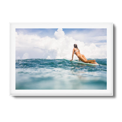 Woman Surfing on Blue Ocean Framed Art