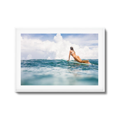 Woman Surfing on Blue Ocean Framed Art