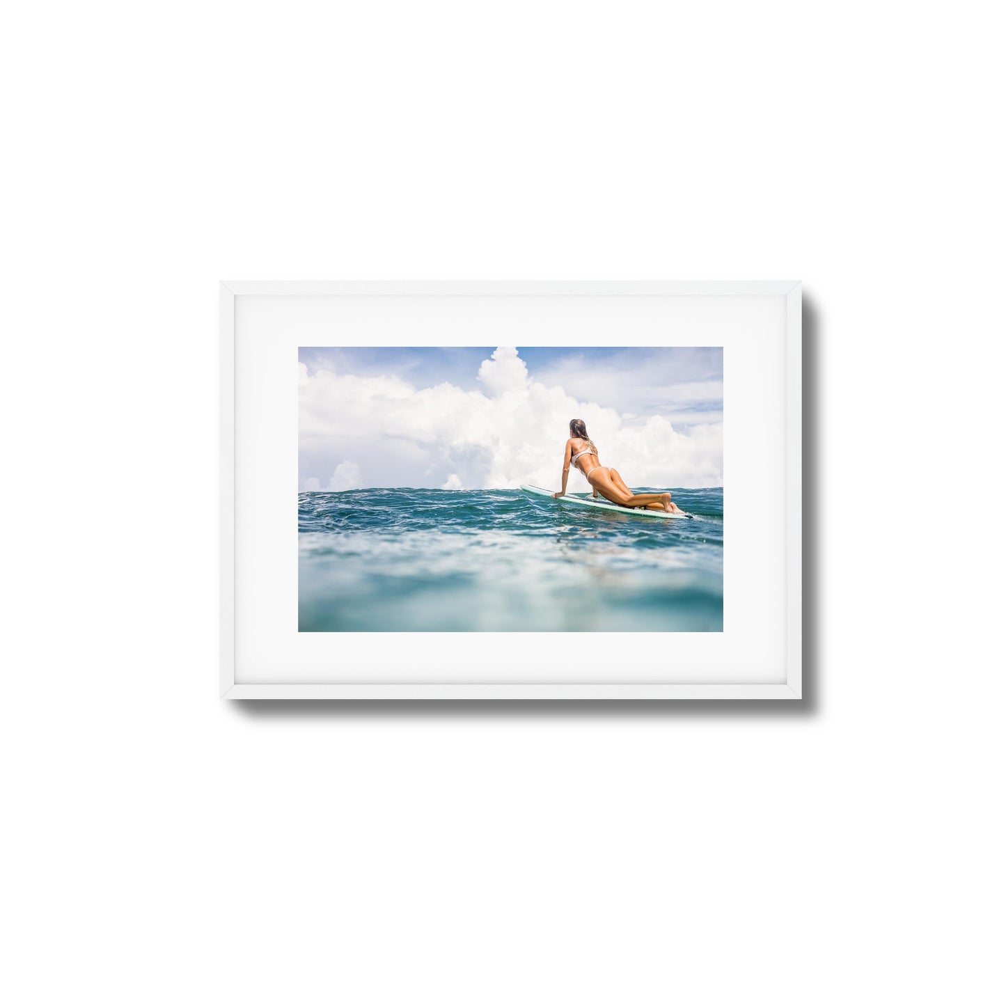 Woman Surfing on Blue Ocean Framed Art