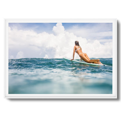 Woman Surfing on Blue Ocean Framed Art